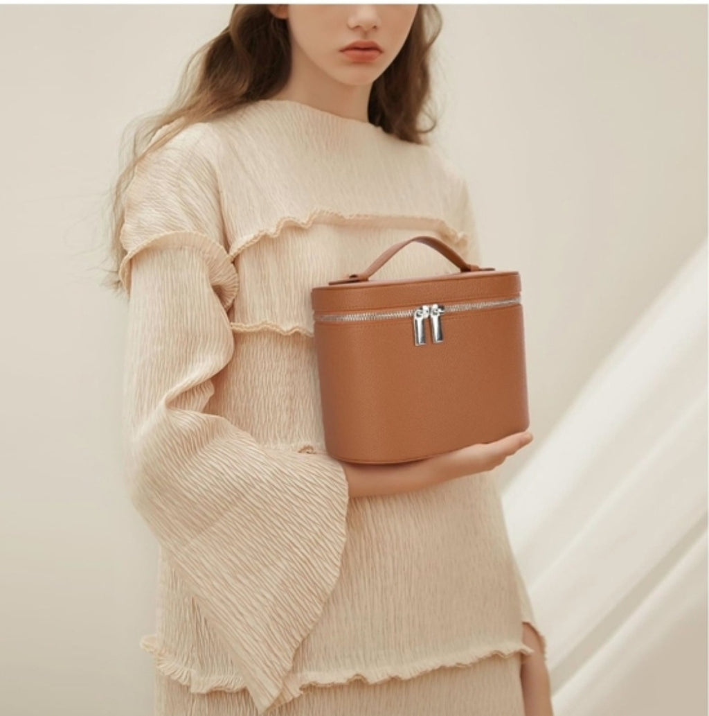 Women's Tan Vegan Leather Top - Handle Vanity Bag