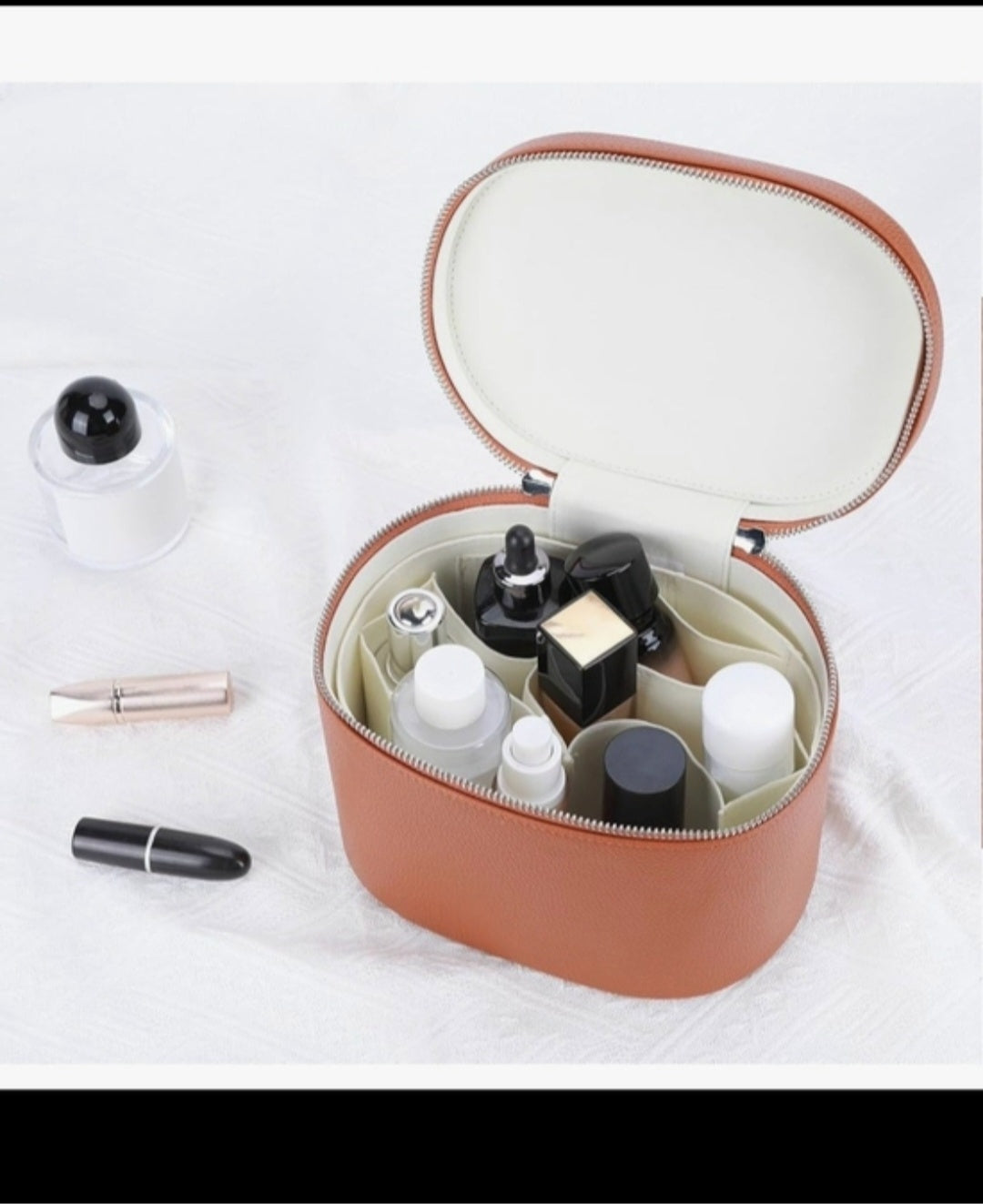 Women's Tan Vegan Leather Top - Handle Vanity Bag