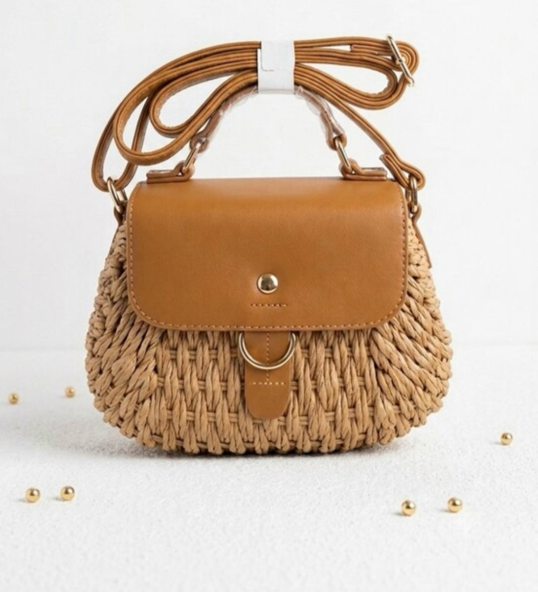 Woven Straw Crossbody Bag with Tan Faux Leather Flap