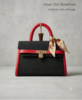 Black and Red Structured Top-Handle Bag with Silk Scarf
