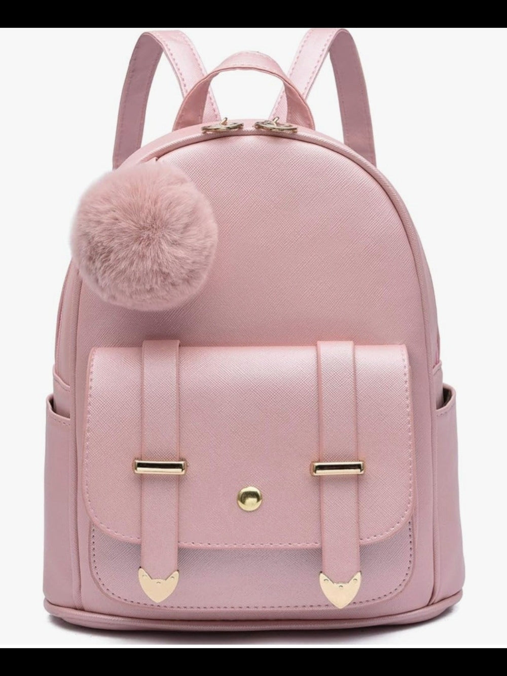 Pink Faux Leather Mini Backpack with Pom Pom