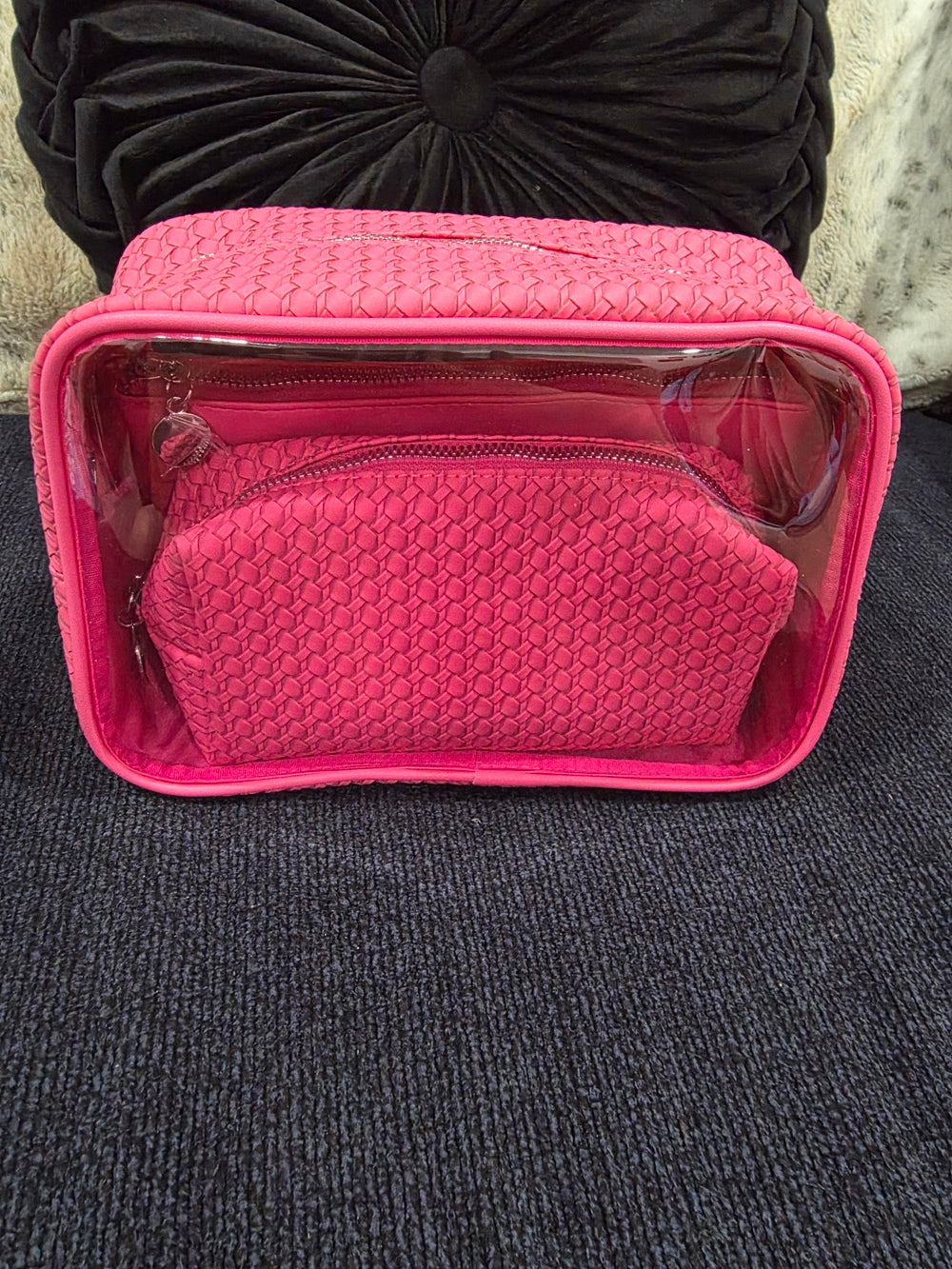 Hot Pink Woven Cosmetic Pouch Set