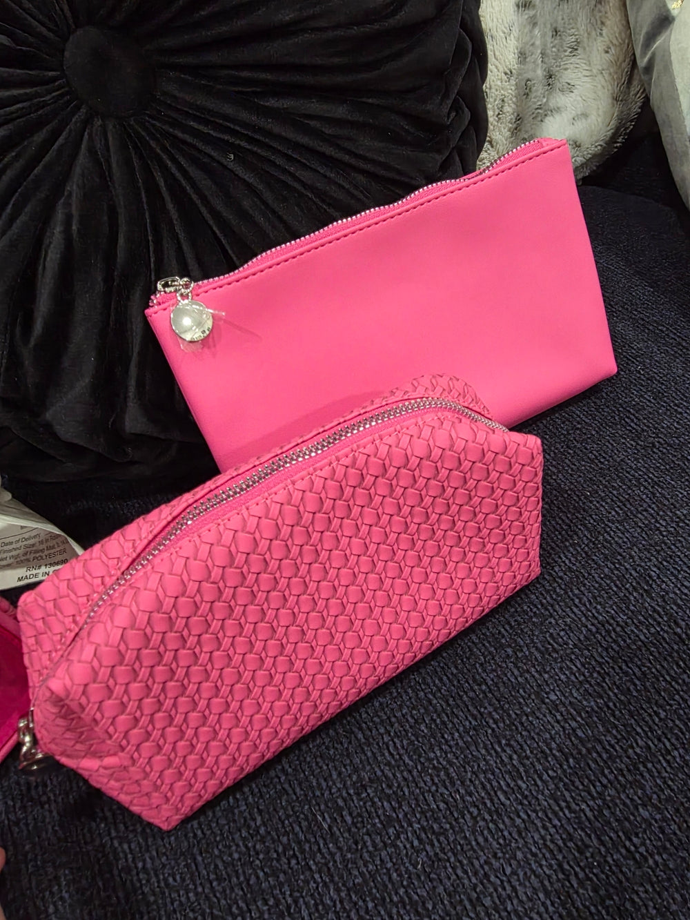 Hot Pink Woven Cosmetic Pouch Set