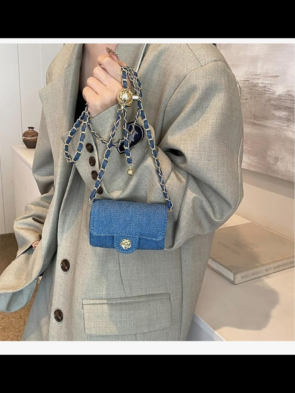 Quilted Denim Crossbody Bag with Gold Hardware