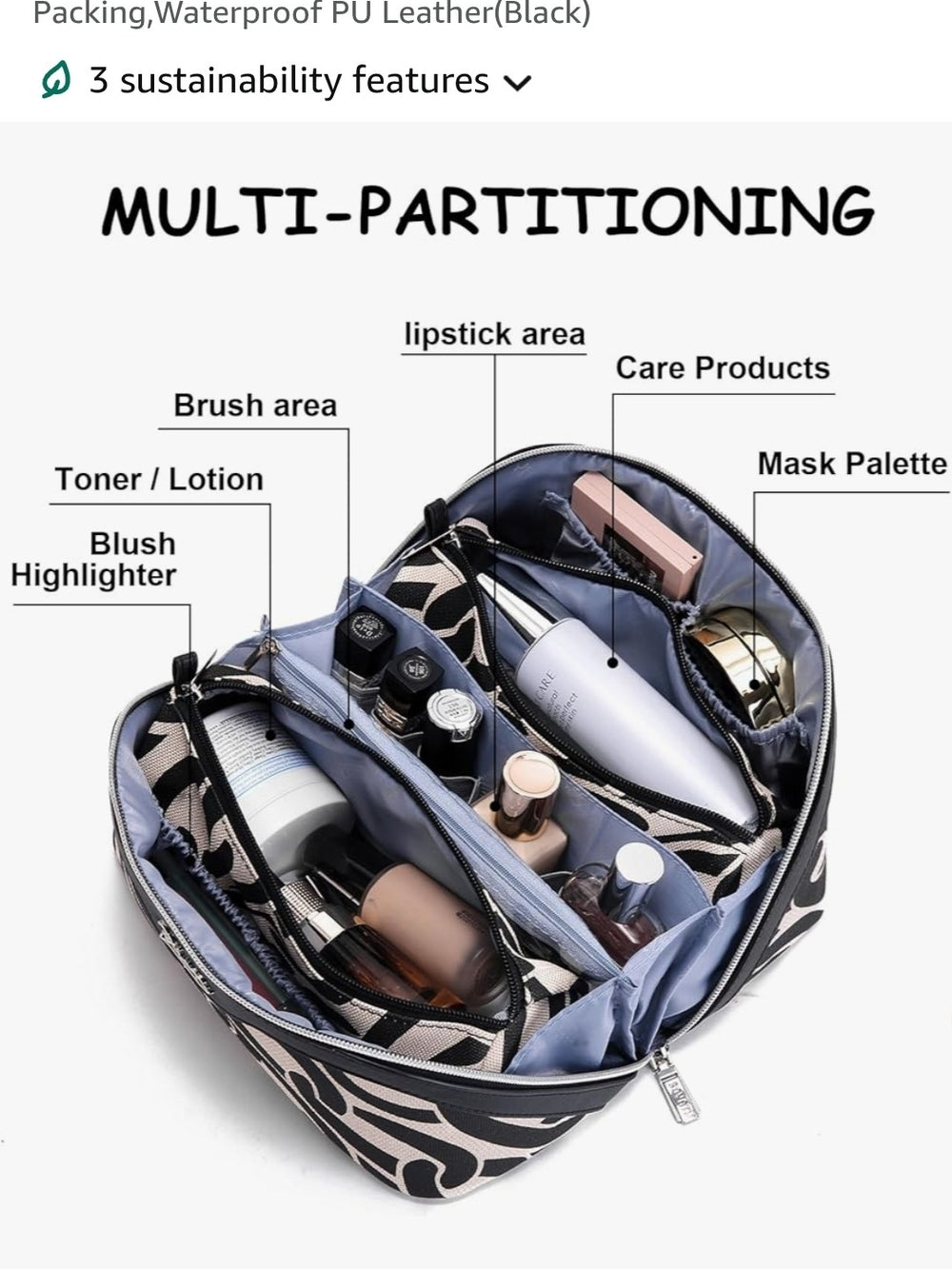Black & Cream Printed Cosmetic Travel Organizer