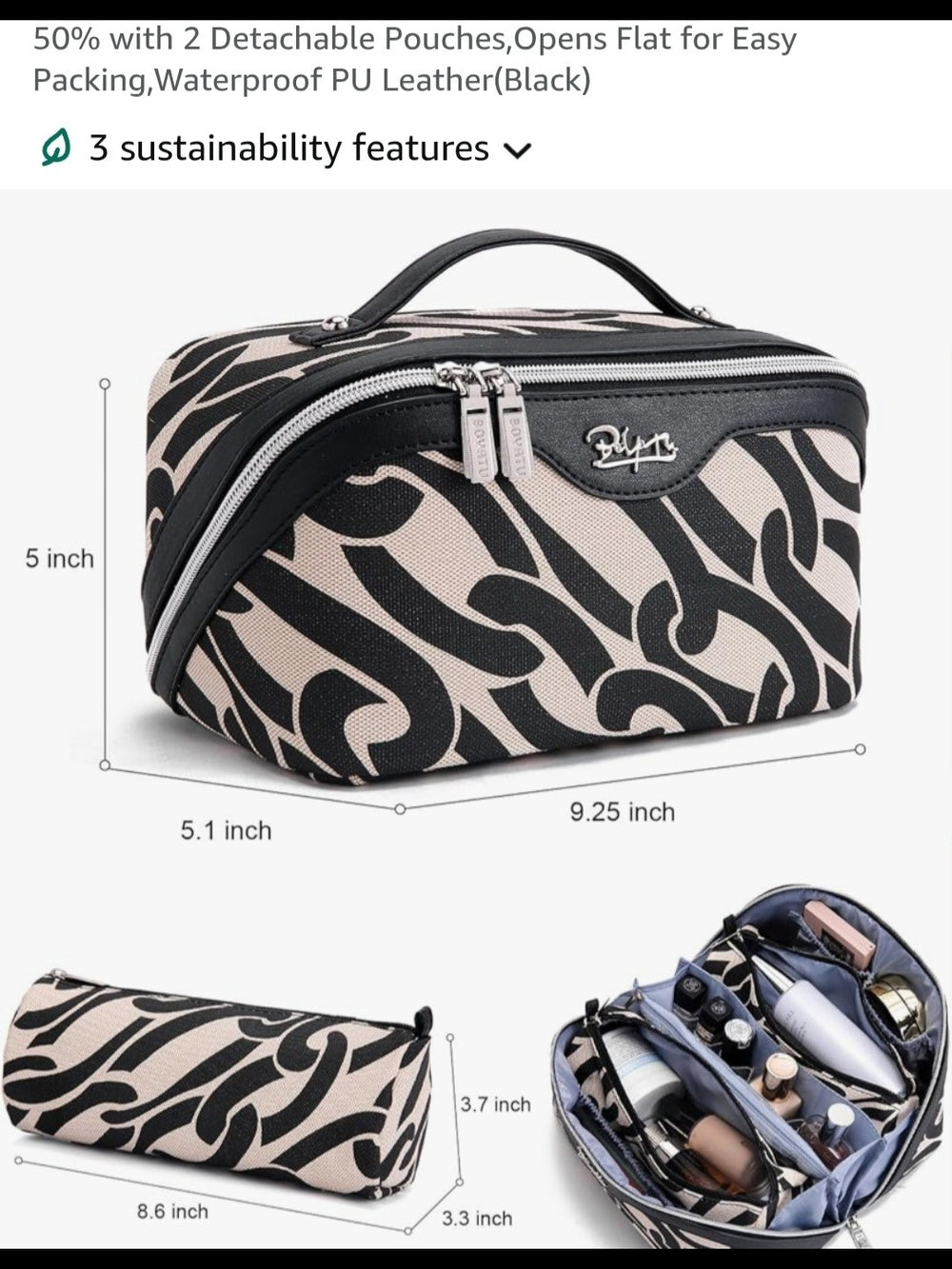 Black & Cream Printed Cosmetic Travel Organizer