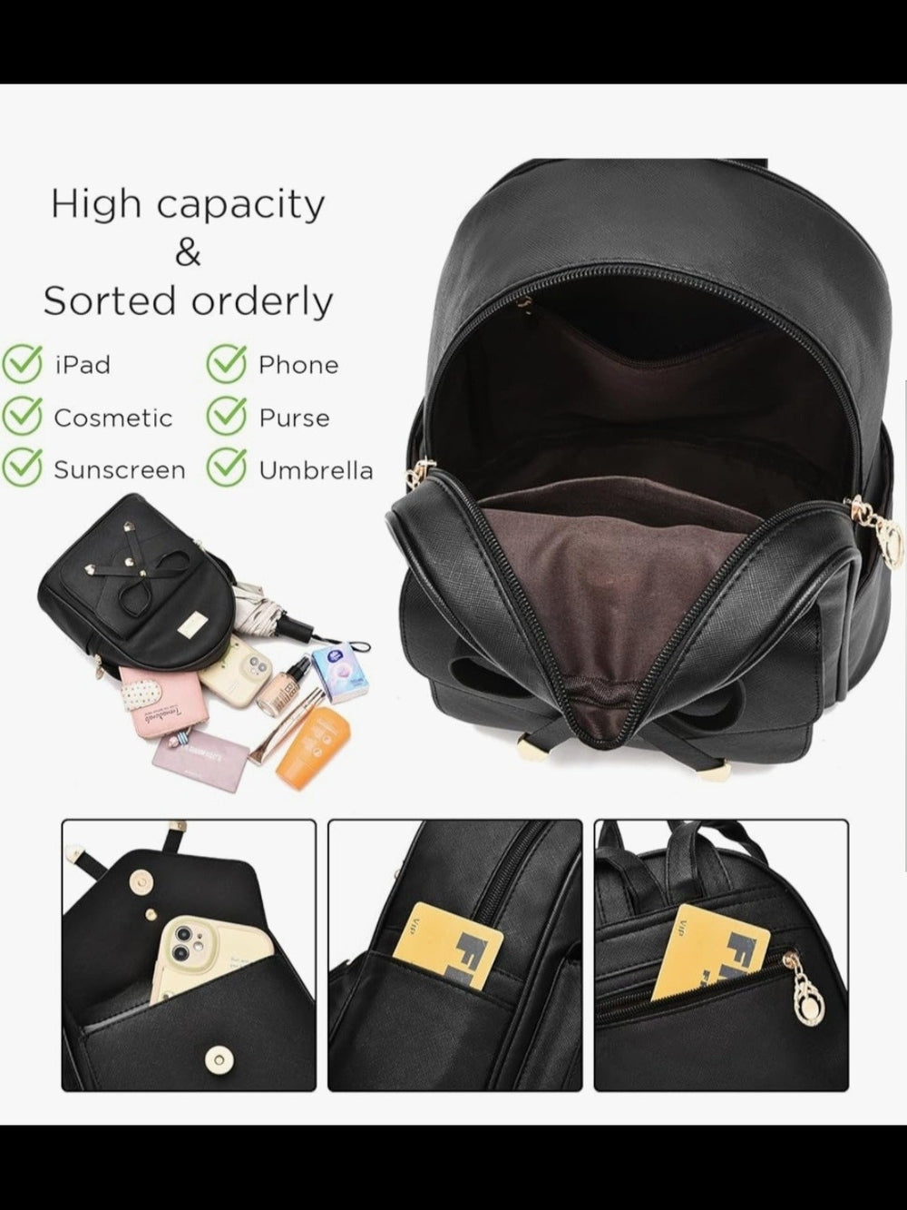 Ladies Black Mini Backpack with Bow Accent
