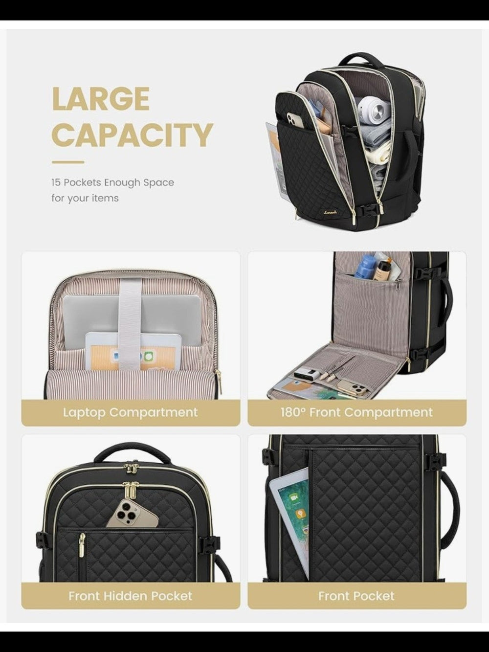 Black Quilted Travel Backpack with Gold Trim