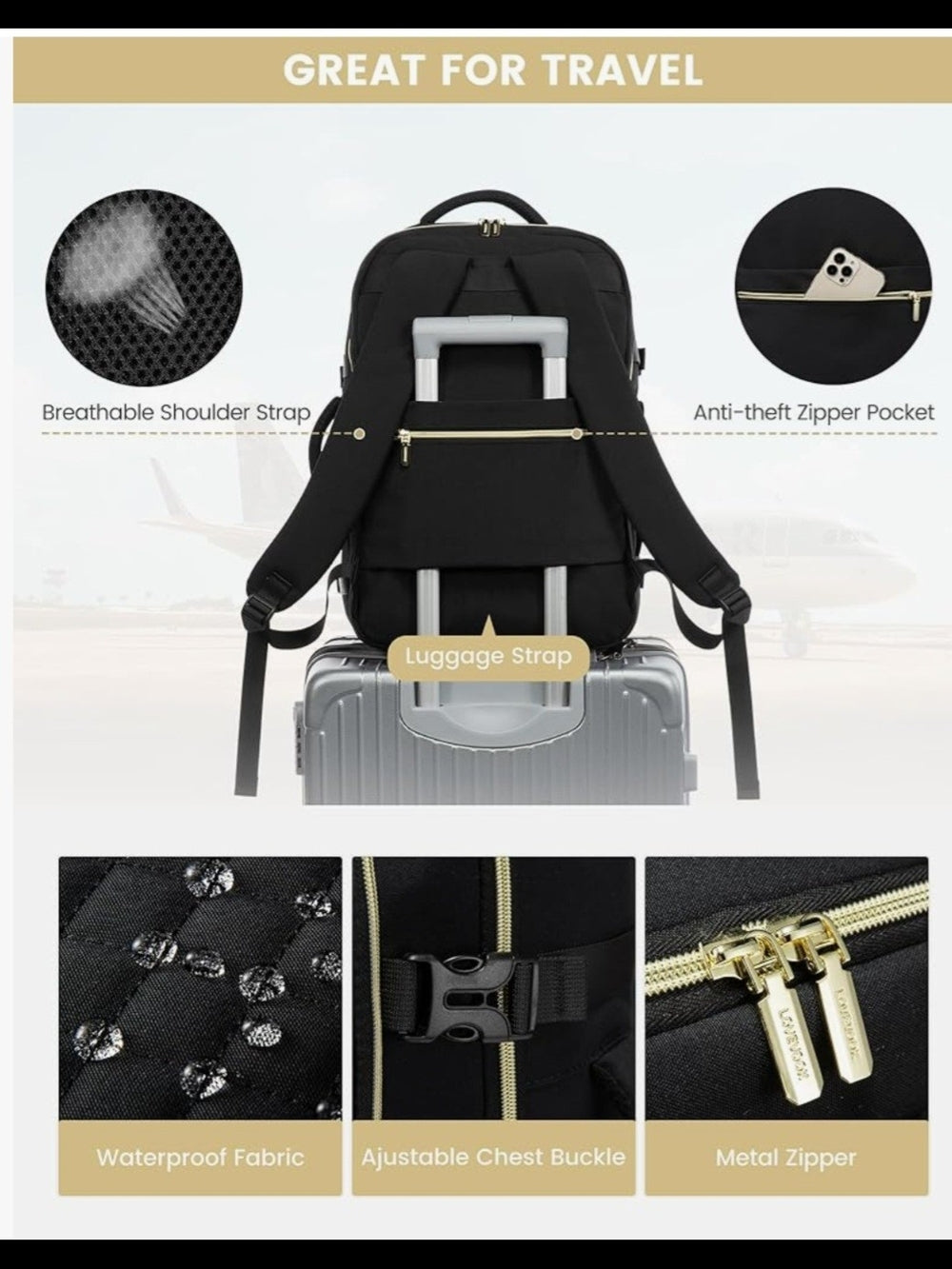 Black Quilted Travel Backpack with Gold Trim