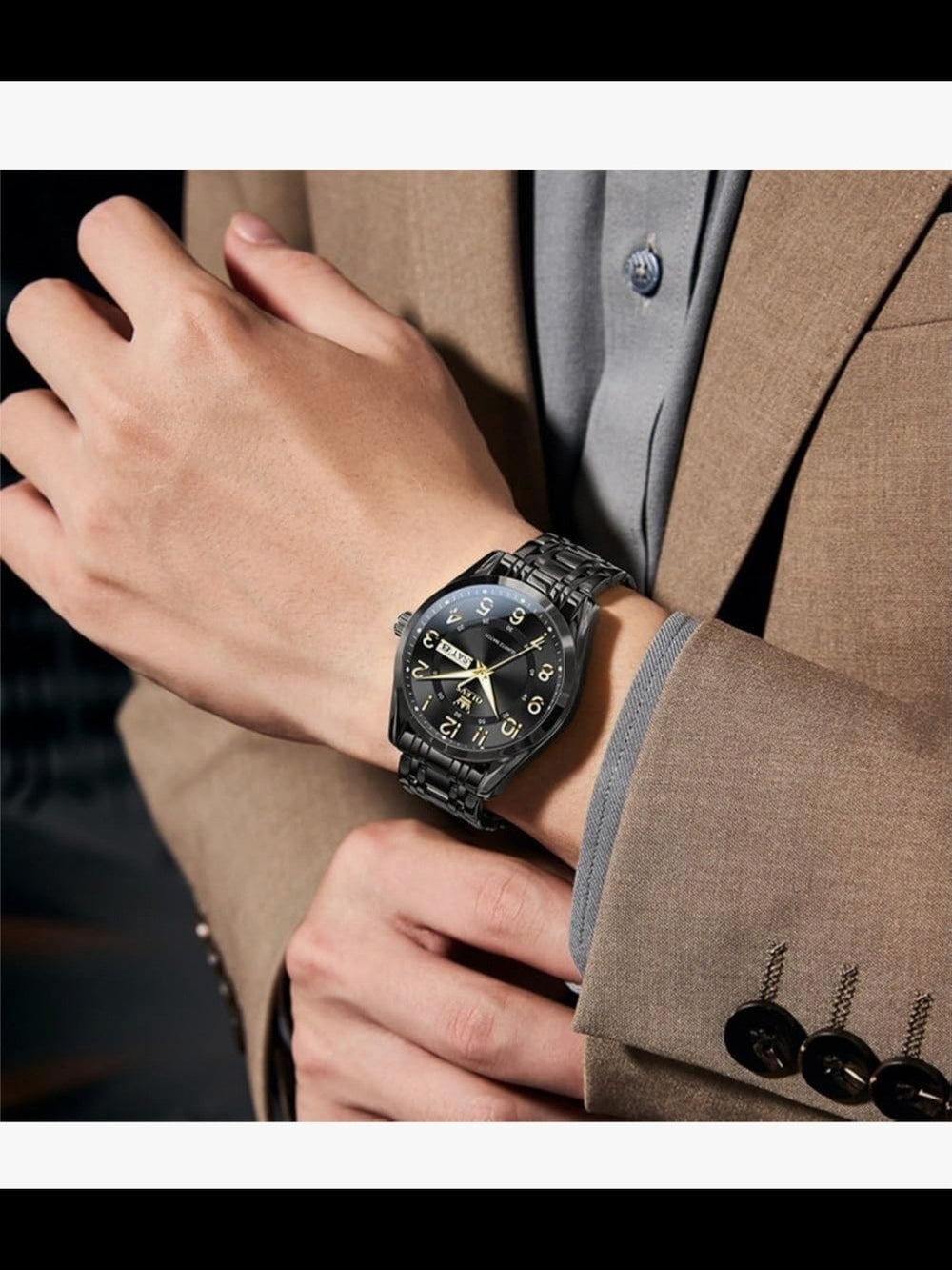 OLEVS Black and Gold Men's Quartz Watch (Mystery Gift Inside)