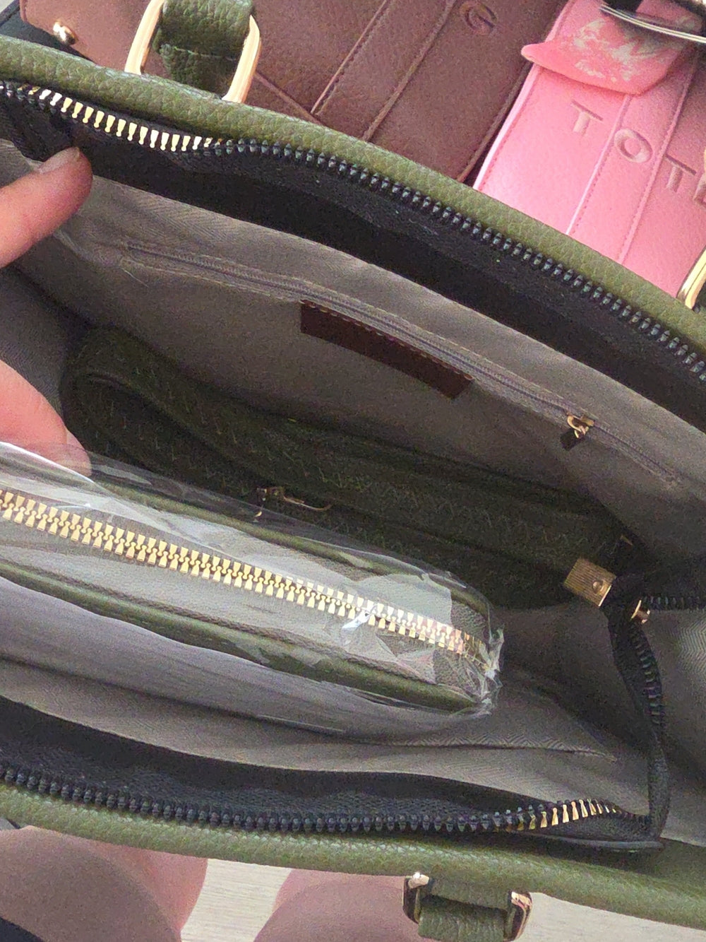 Olive Green Structured Tote Handbag (Mystery Gift Inside)