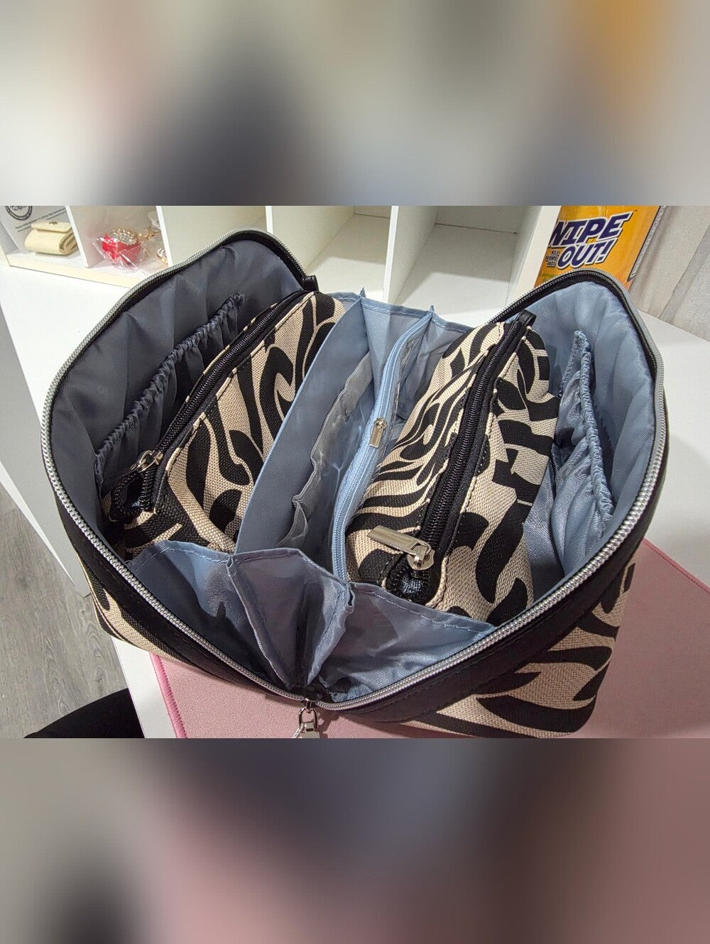 Black & Cream Printed Cosmetic Travel Organizer