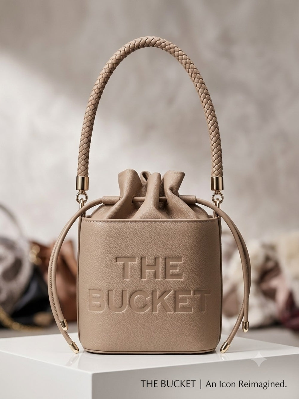 THE BUCKET Women's Taupe Bucket Bag with Braided Handle