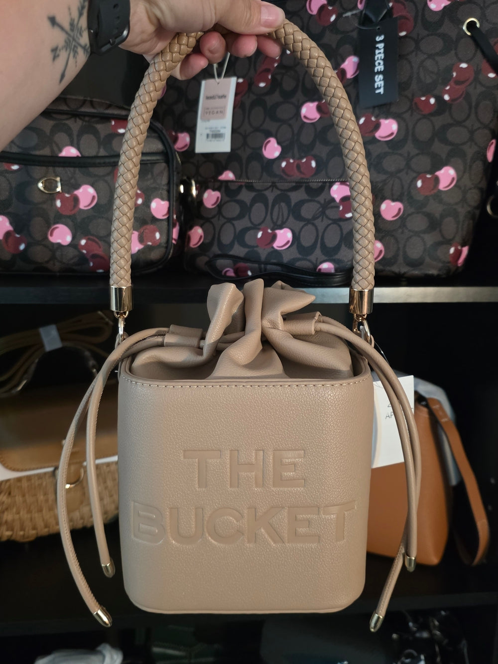 THE BUCKET Women's Taupe Bucket Bag with Braided Handle
