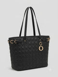 Quilted Black Tote Bag with Gold Accent Charm