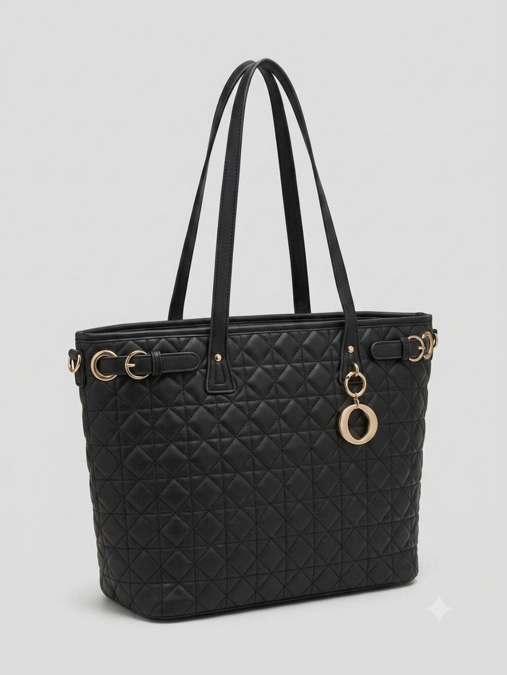 Quilted Black Tote Bag with Gold Accent Charm