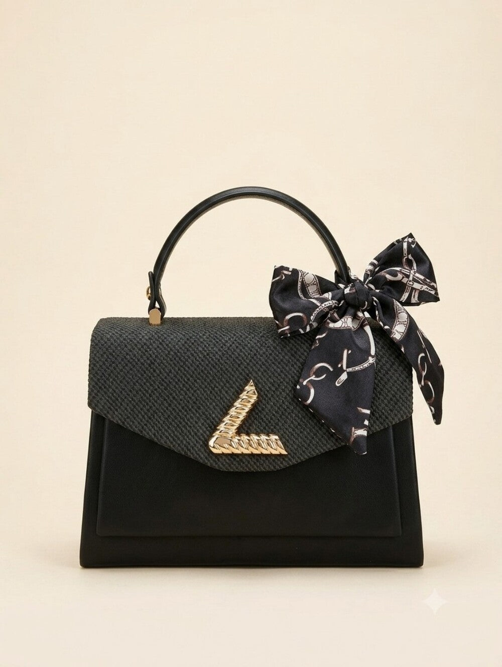 Black Structured Top-Handle Bag with Gold Accent (Mystery Gift Inside)