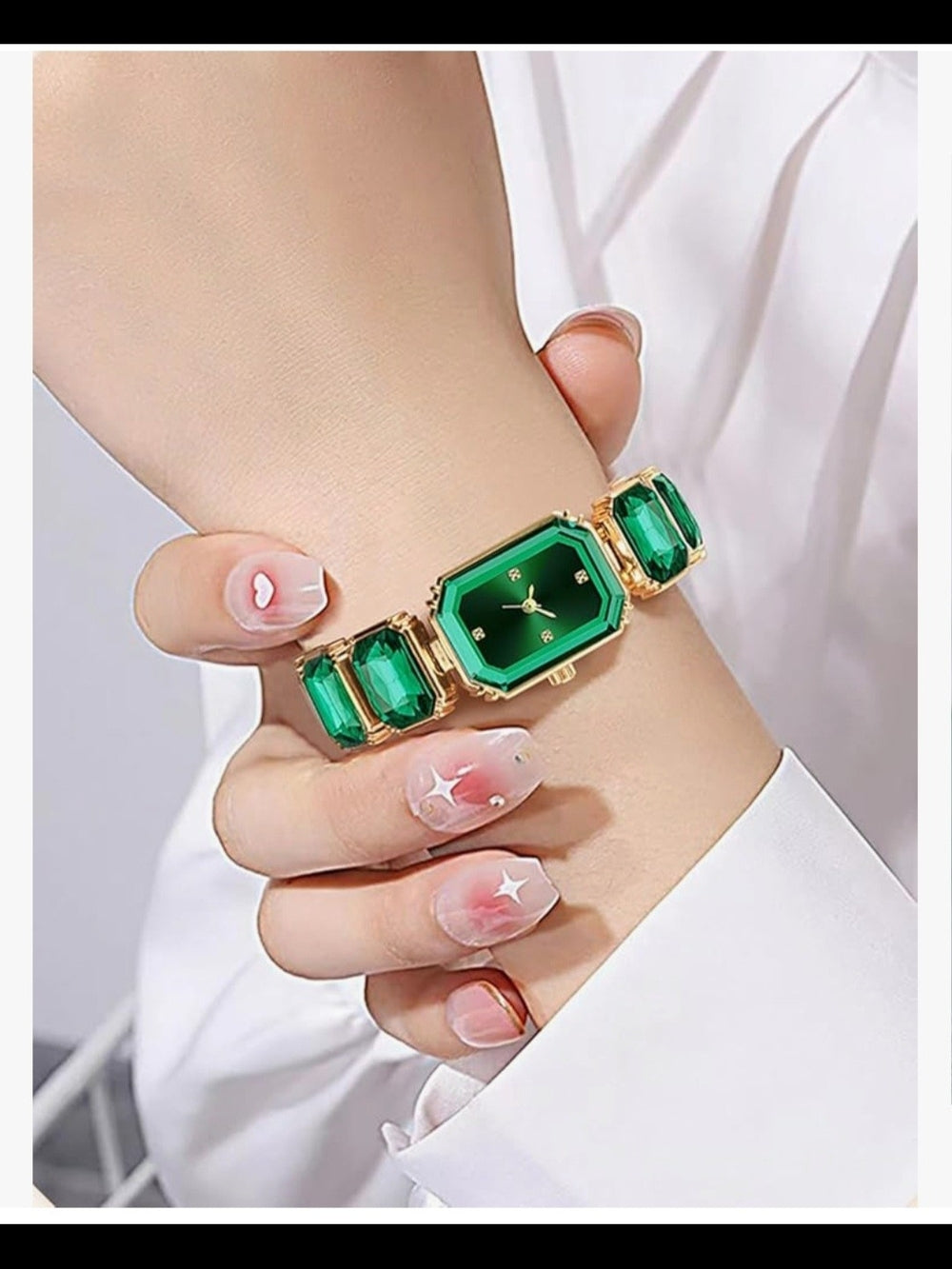 Emerald Green Gemstone Bracelet Watch - Gold Tone