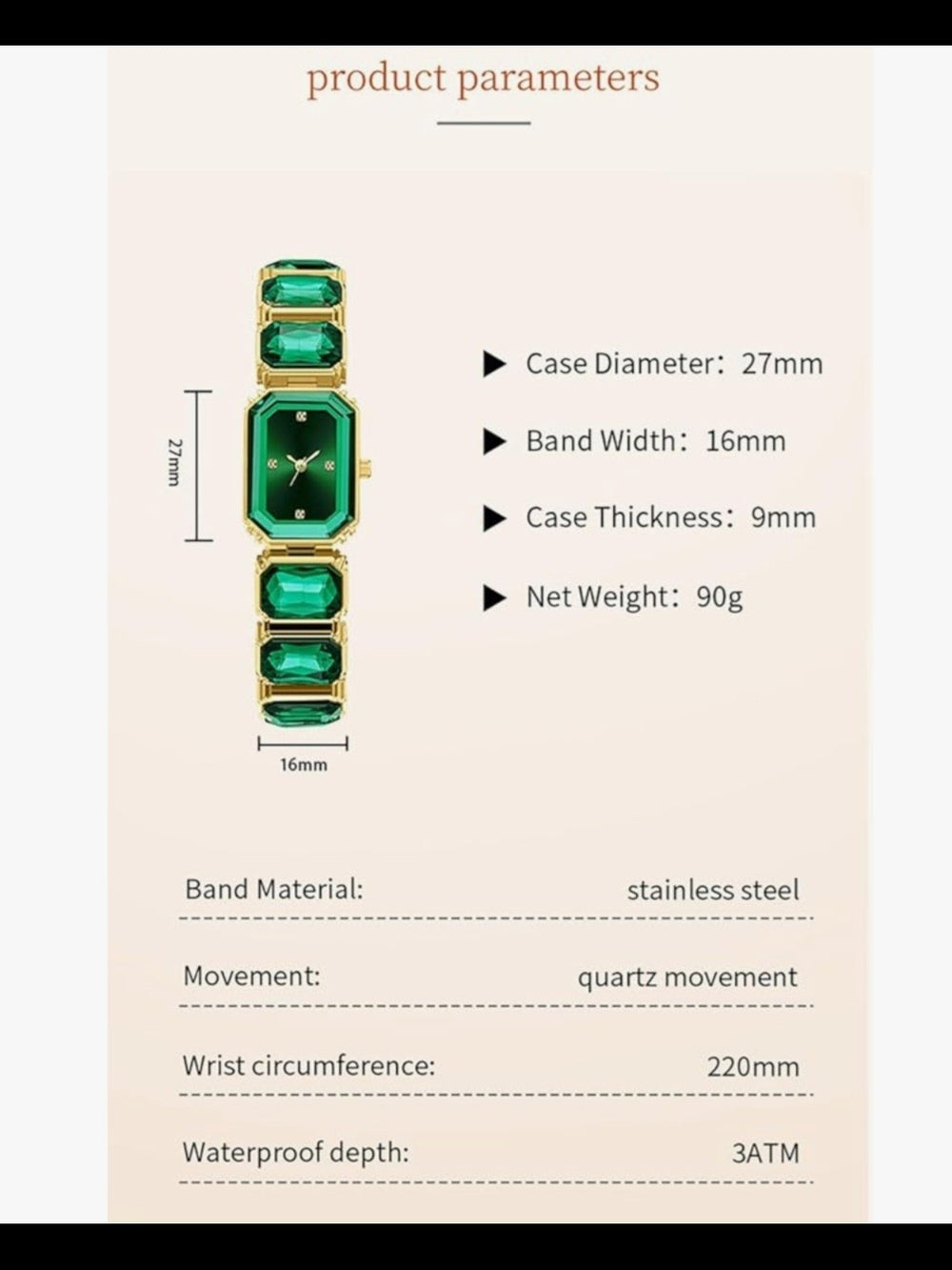 Emerald Green Gemstone Bracelet Watch - Gold Tone