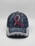 Denim Baseball Cap with Pink Ribbon Crystal Accent