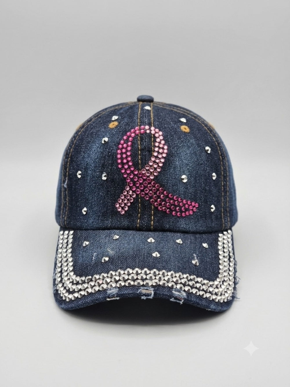 Denim Baseball Cap with Pink Ribbon Crystal Accent