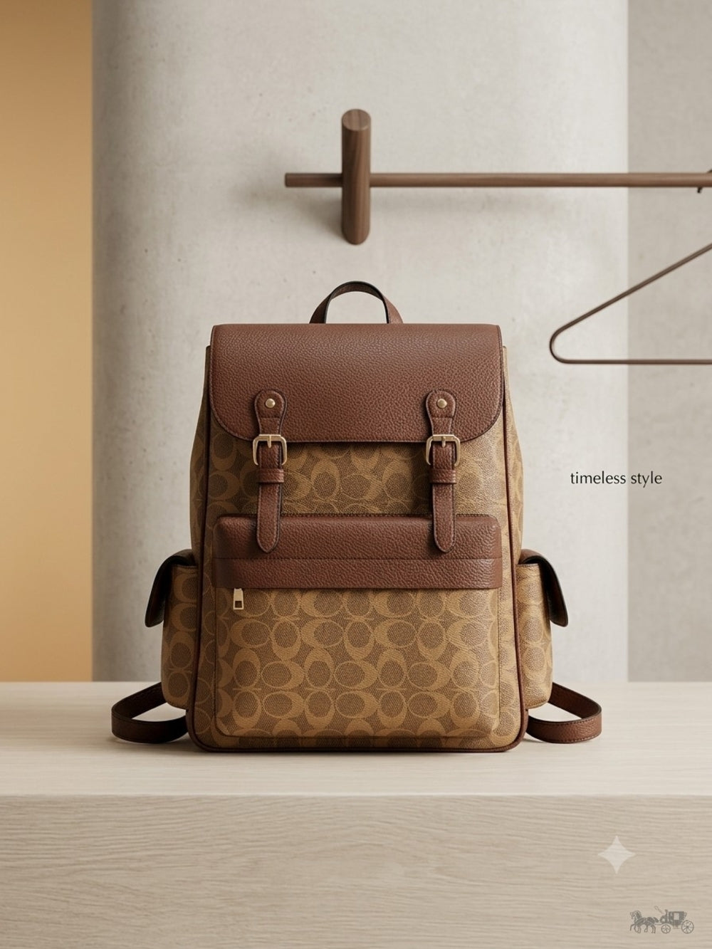 Designer Inspired Tan and Brown Signature Canvas Backpack with Leather Trim