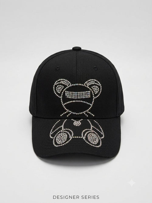 Black Rhinestone Bear Baseball Cap