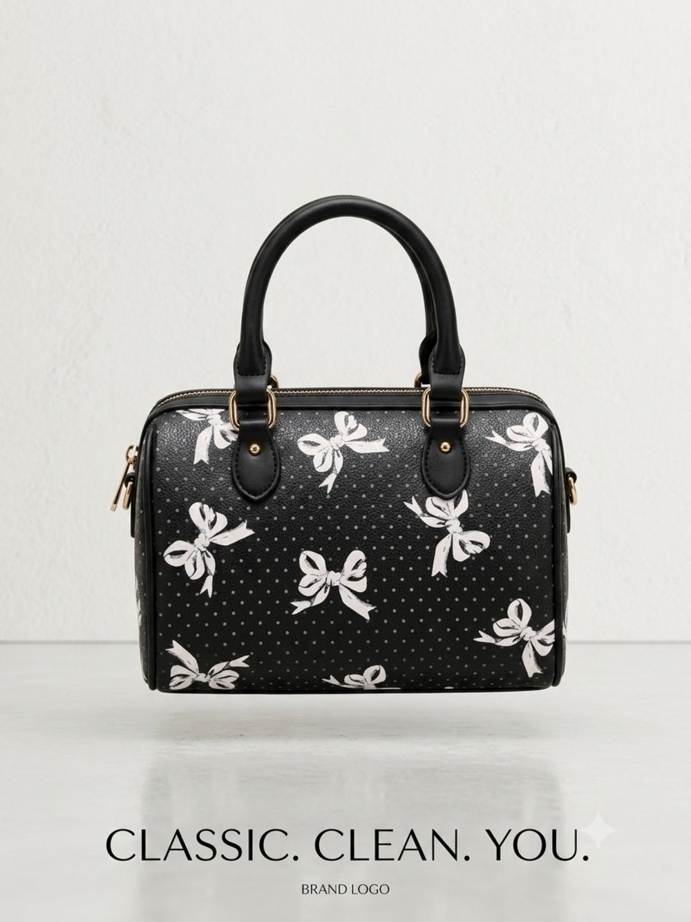 Black Bow-Print Satchel Handbag - Classic Women's Bag
