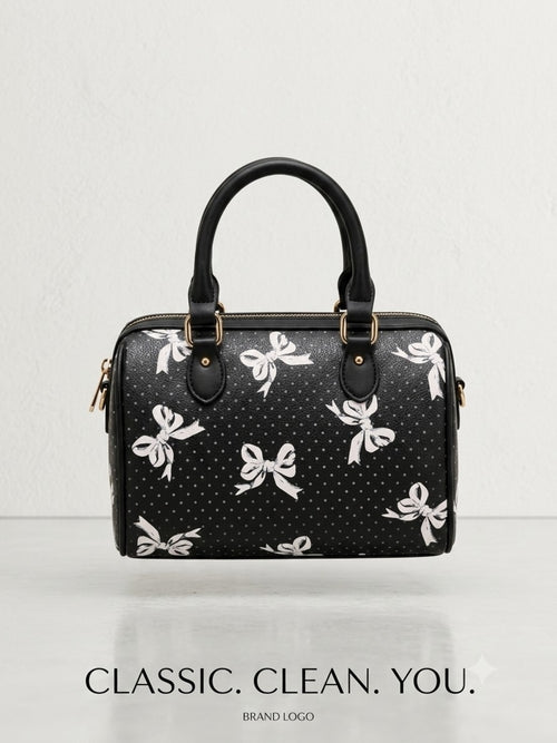Black Bow-Print Satchel Handbag - Classic Women's Bag
