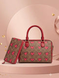 Heart-Print Brown and Pink Top-Handle Satchel