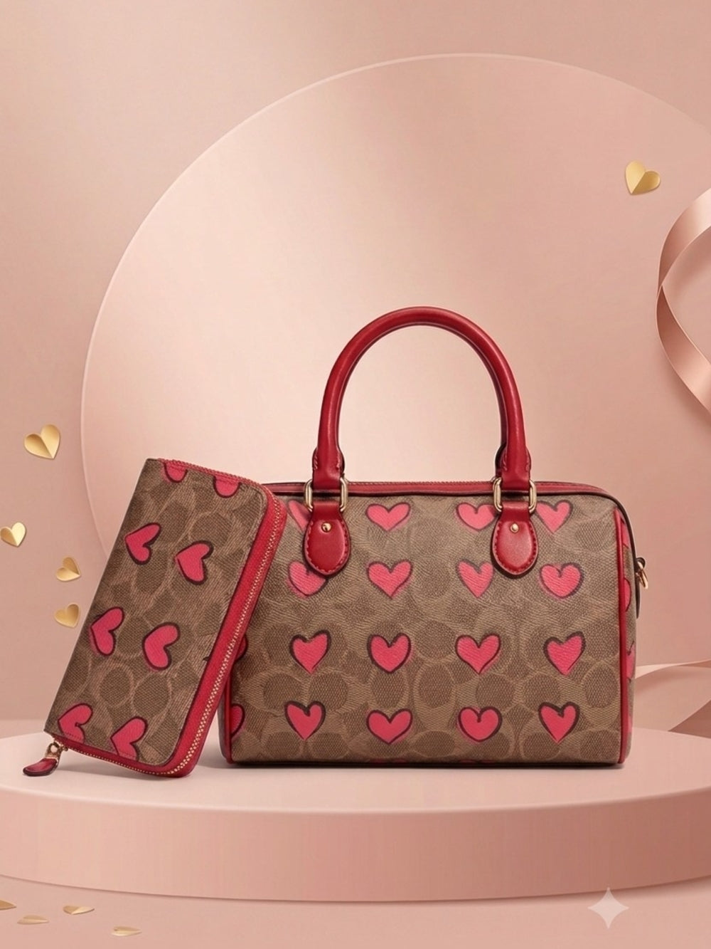 Heart-Print Brown and Pink Top-Handle Satchel – Lezlieslux&littles