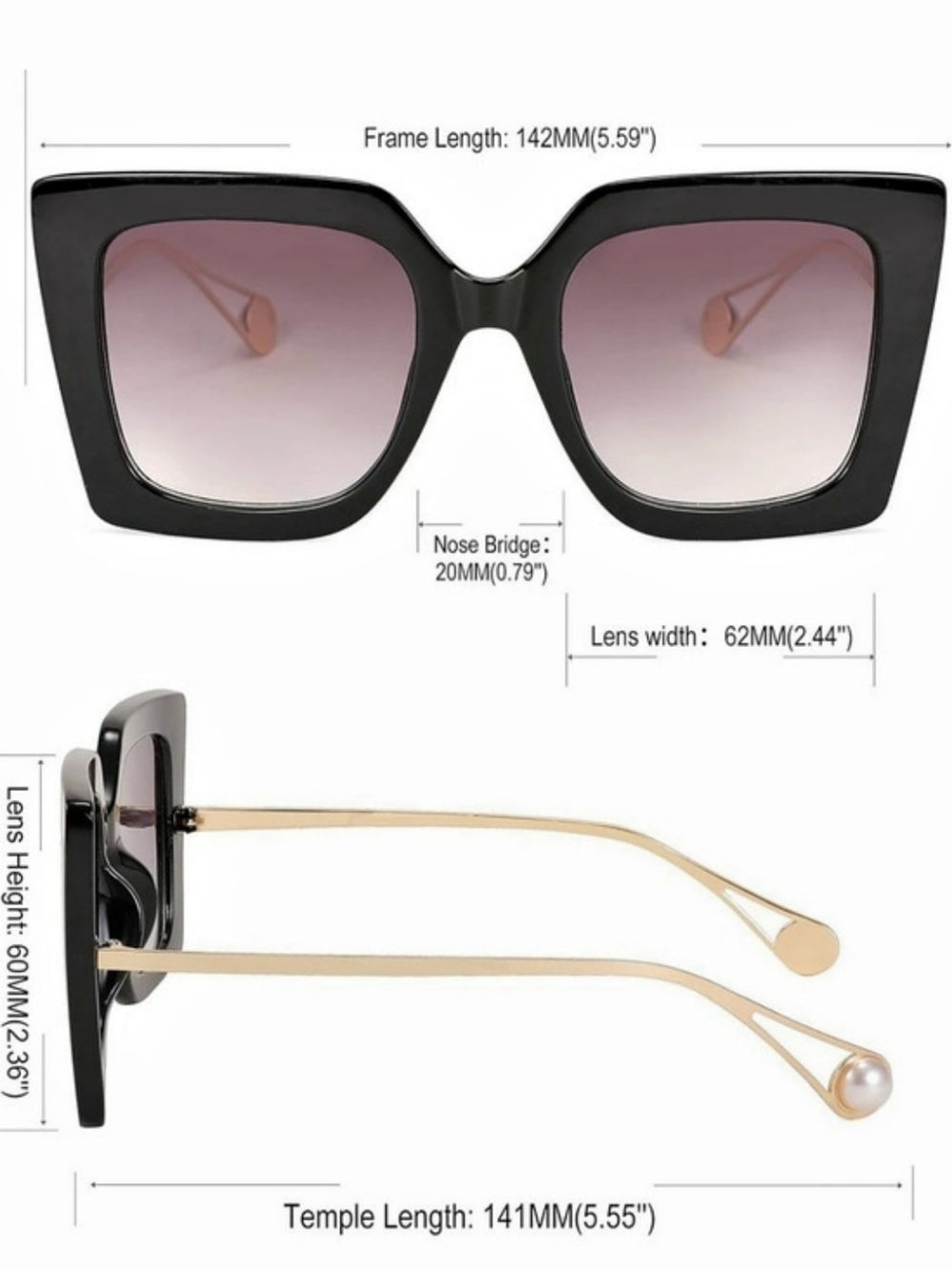 FEISEDY Oversized Square Pearl Inlay Arm Cat Eye Fashion Sunglasses