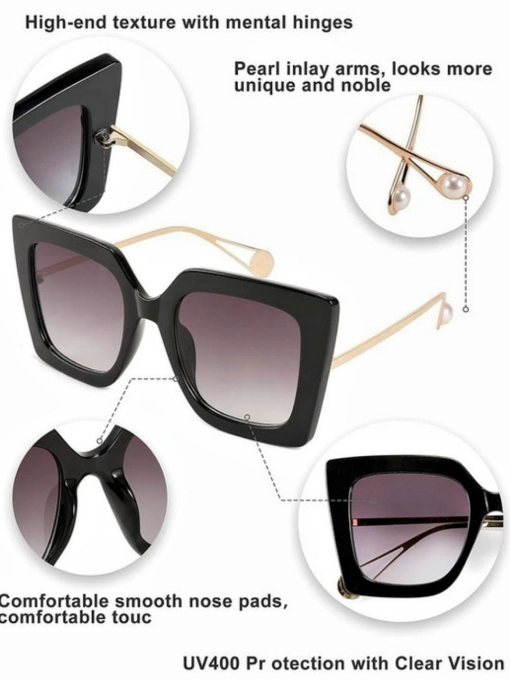 FEISEDY Oversized Square Pearl Inlay Arm Cat Eye Fashion Sunglasses