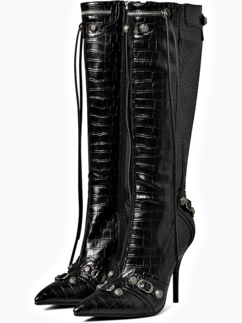 Iamenne Knee High Boots Black Pointed Toe Heeled Boots