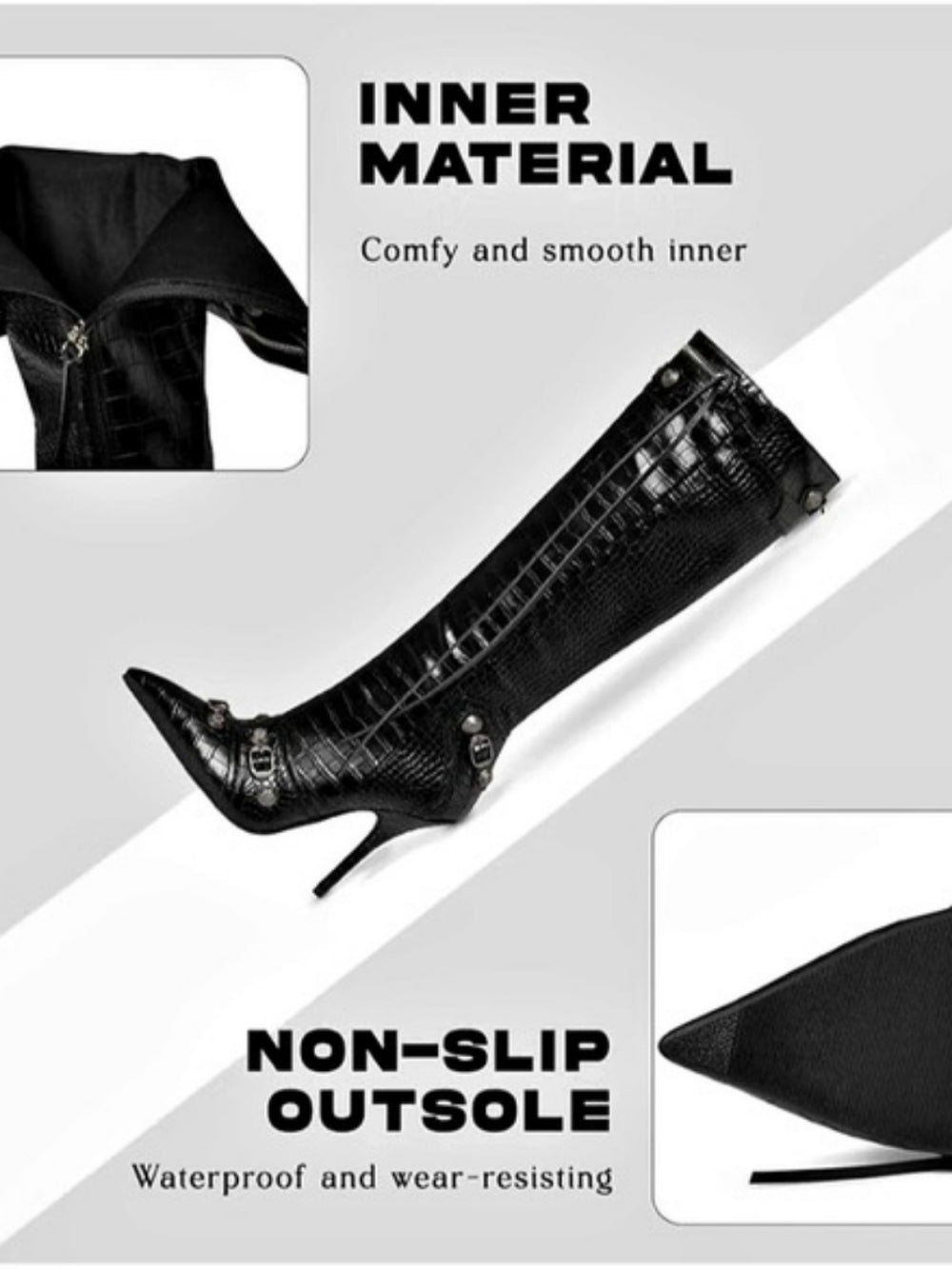 Iamenne Knee High Boots Black Pointed Toe Heeled Boots